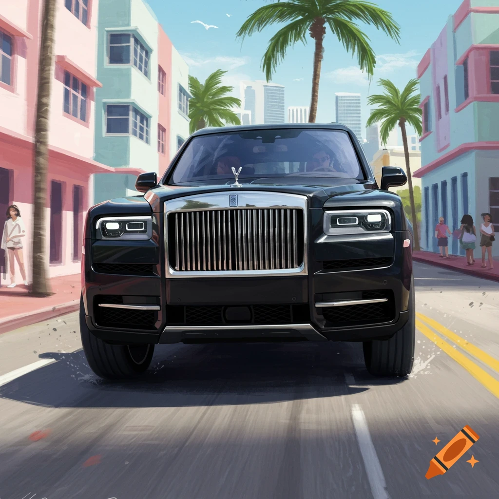 Black Rolls-Royce Cullinan driving through Miami's Art Deco district with palm trees and stylized people.