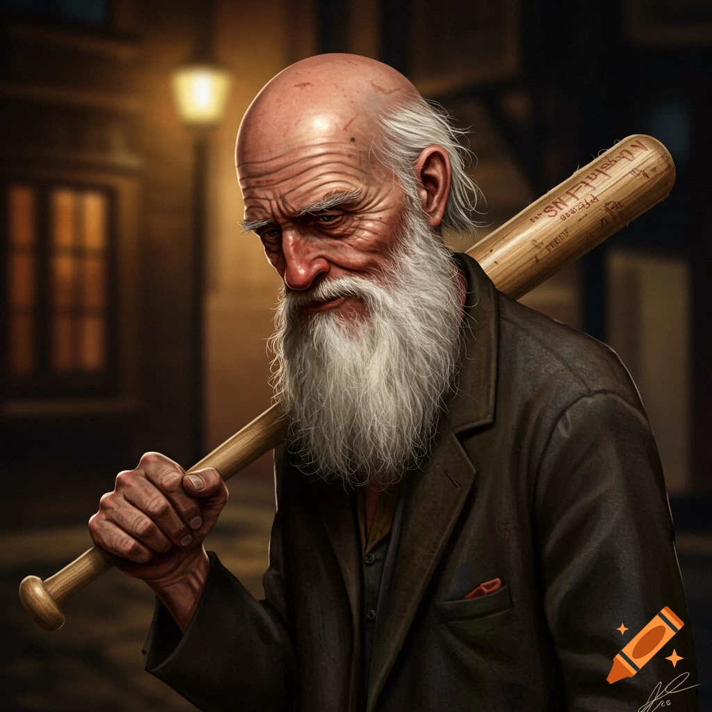 An old man with a bald head and a white beard is holding a baseball bat over his shoulder.