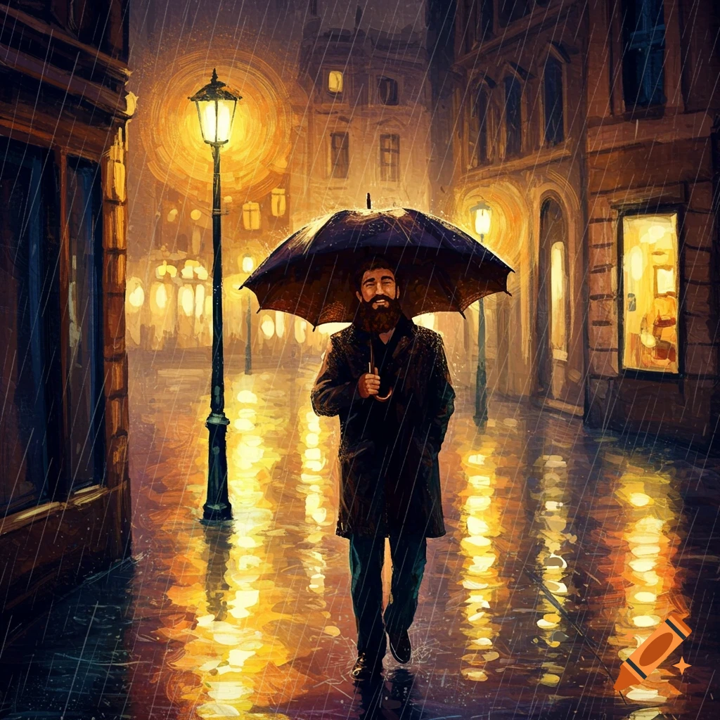 A man with an umbrella walks down a wet street in the rain at night with glowing streetlights.