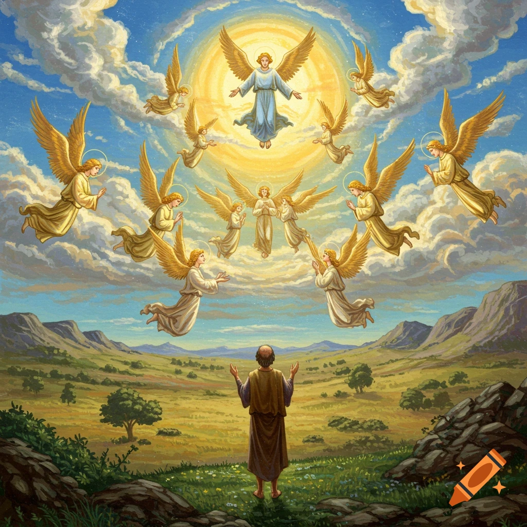 A man in a valley looks up at numerous angels in a cloudy sky with a bright sun.