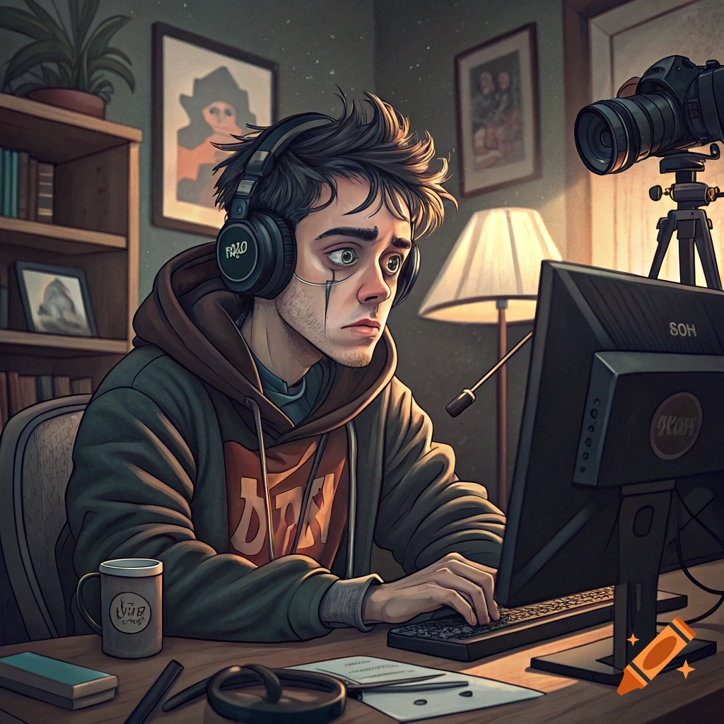 Stylized illustration of a stressed young man in headphones using a computer at a desk