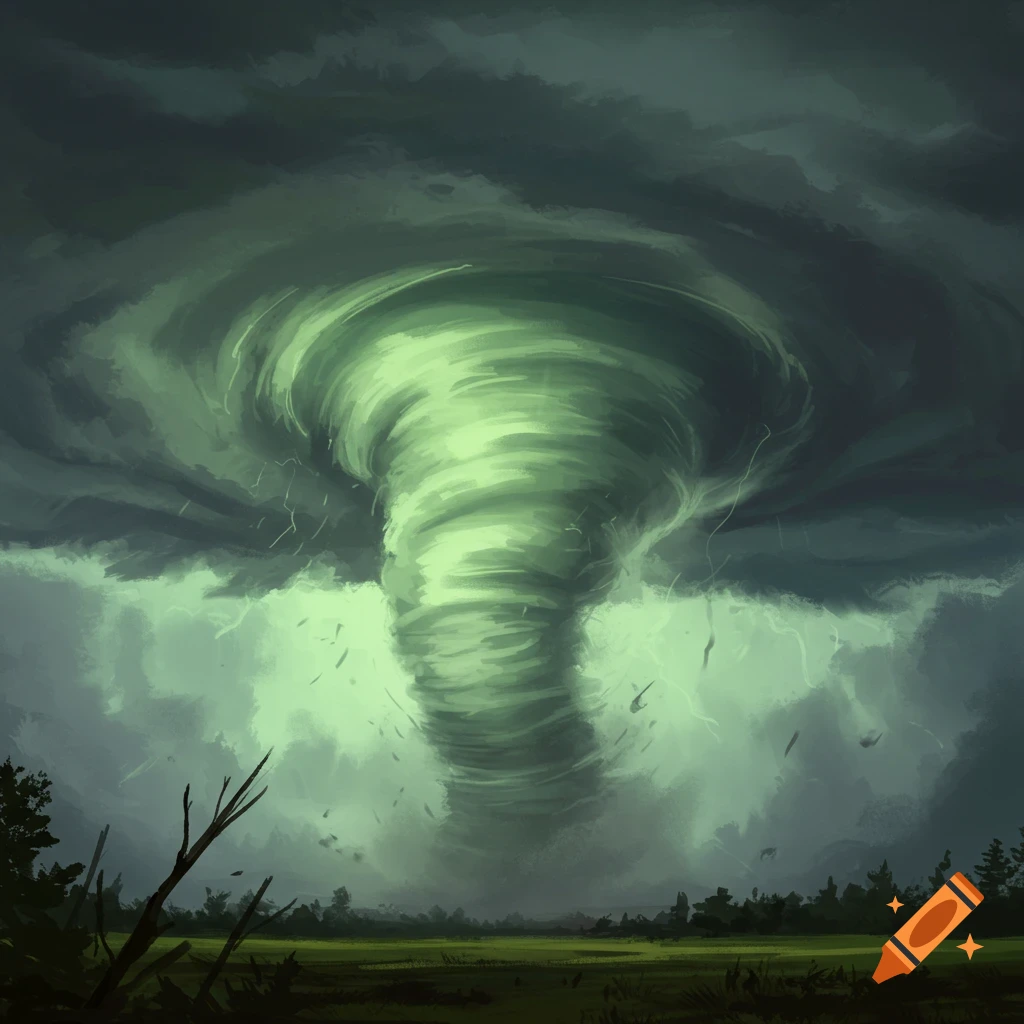 A large green tornado under dark storm clouds.