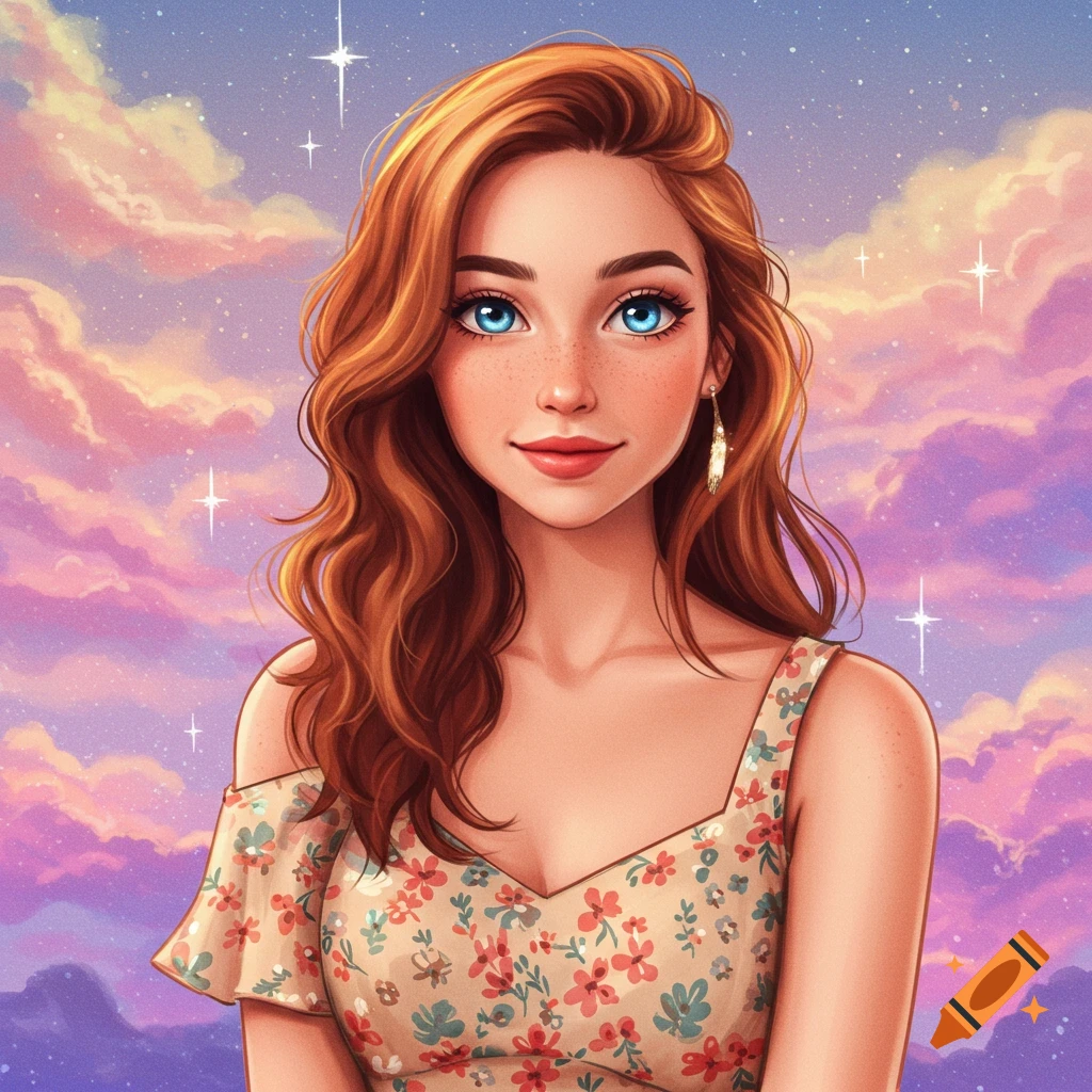 A young woman with red hair, blue eyes, and freckles, wearing a floral dress against a starry purple and pink cloudy sky.