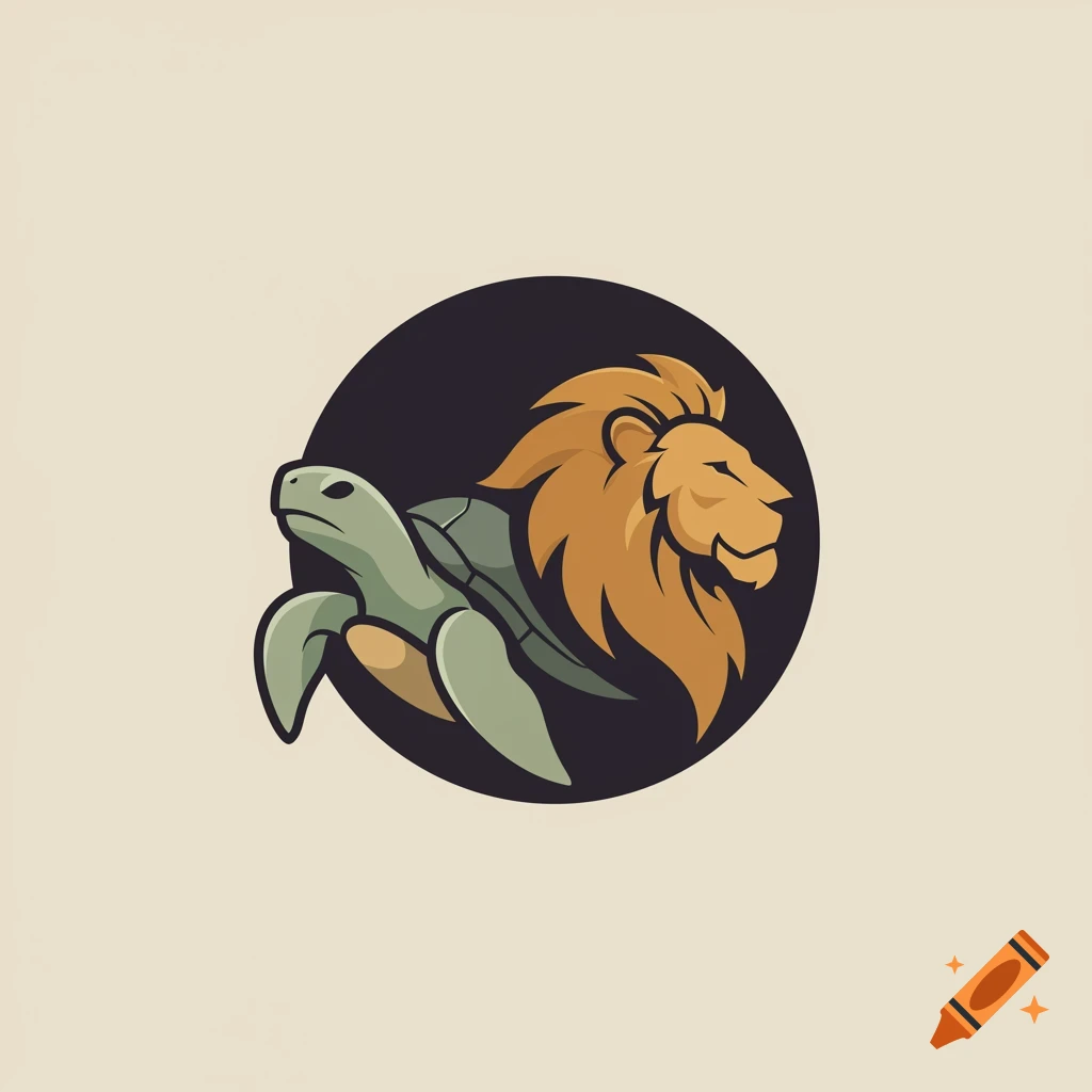Minimalist logo of a turtle and a lion in a circle