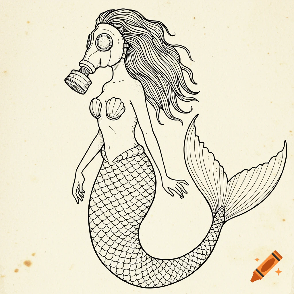 Line art illustration of a mermaid wearing a gas mask.