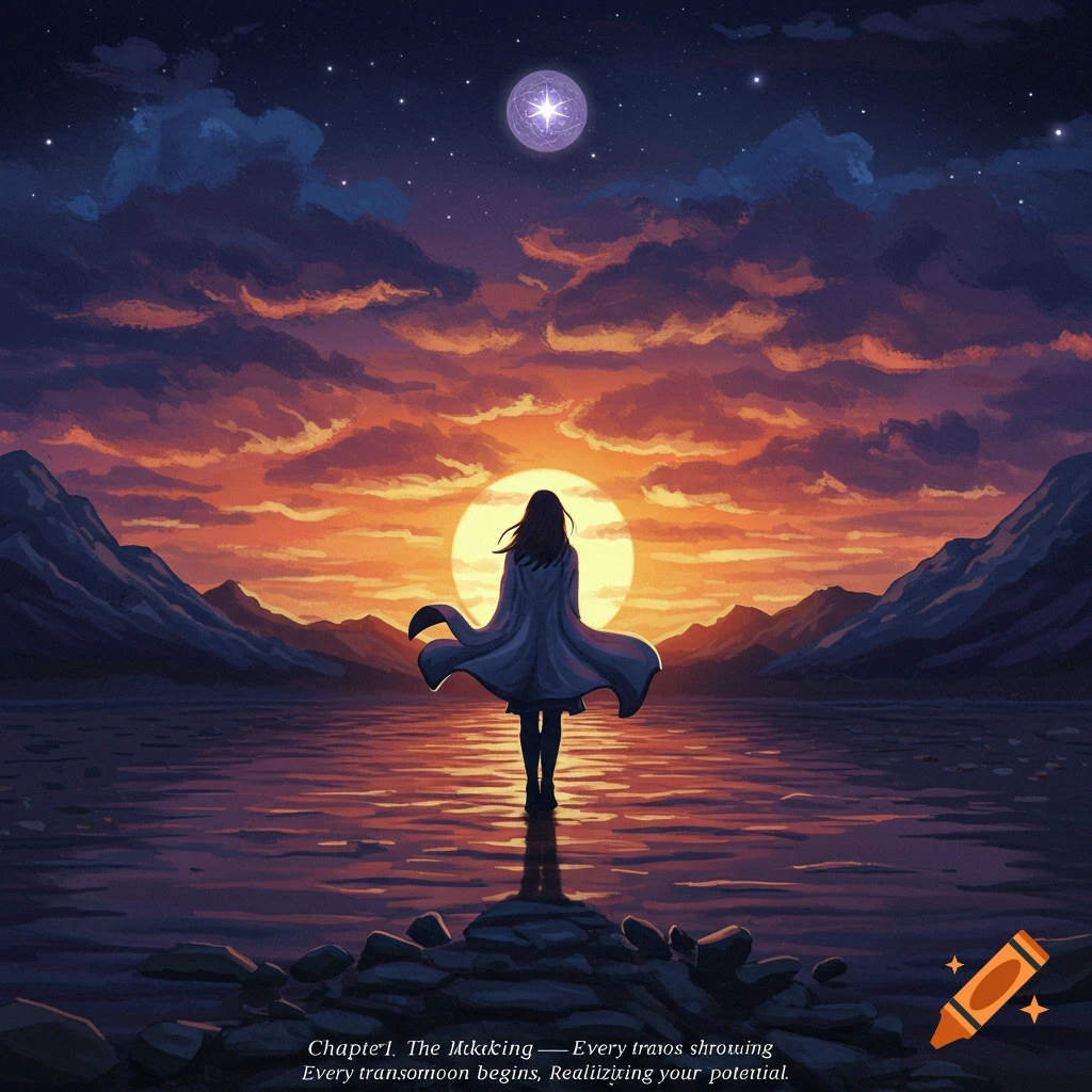 A person in a cloak watches a sunset over a lake with mountains and a starry sky.