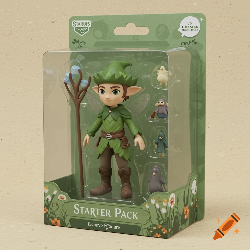 A fantasy action figure 'starter pack' in plastic packaging, featuring an elf-like character and small creature accessories, on a beige background.