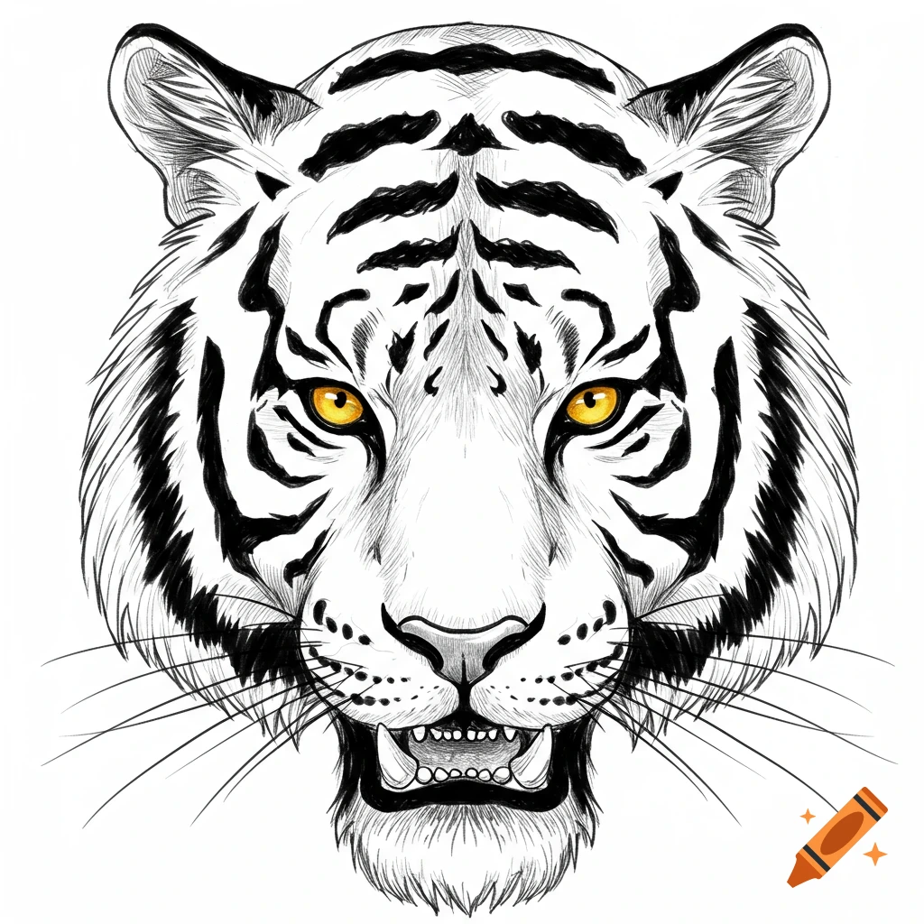 Black and white sketch of a fierce tiger face with yellow eyes.