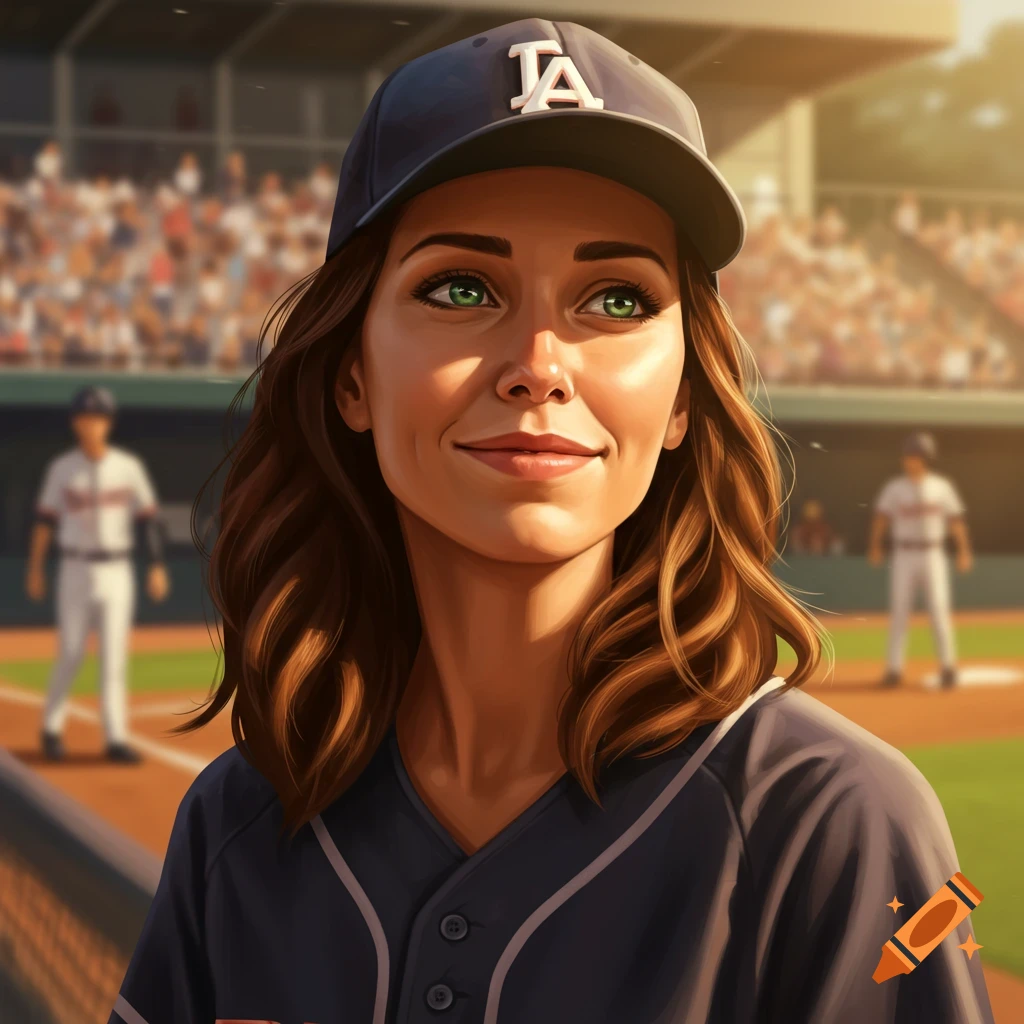 A woman in a baseball cap and jersey smiles at a baseball game.