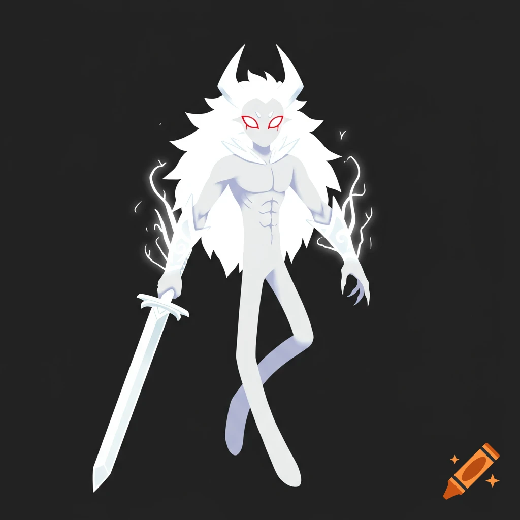 A stylized white figure with red eyes, long hair, and glowing energy from its hands holds a sword against a dark background.