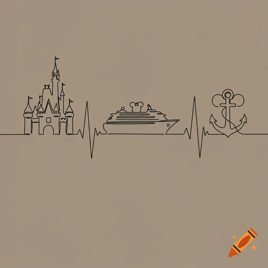 Single line drawing of a castle, heartbeat line, cruise ship with Mickey ears, and an anchor.