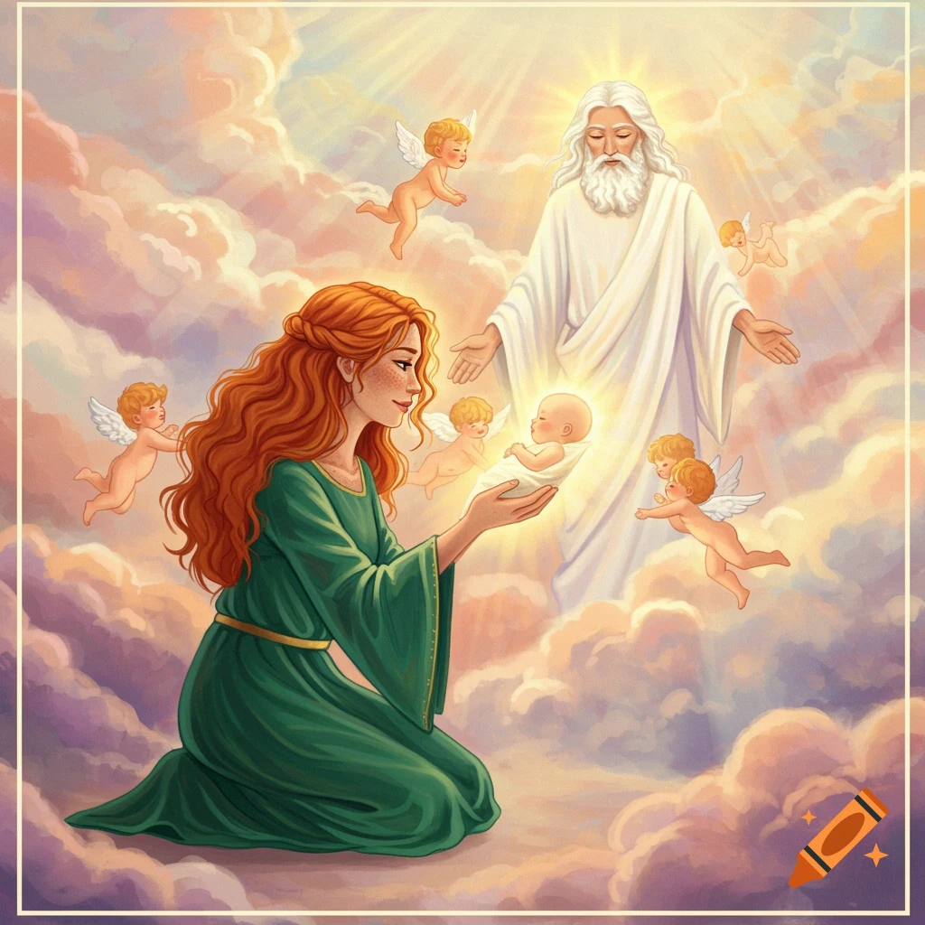 Fantasy art of a mother receiving a baby from a divine figure surrounded by angels in the clouds.