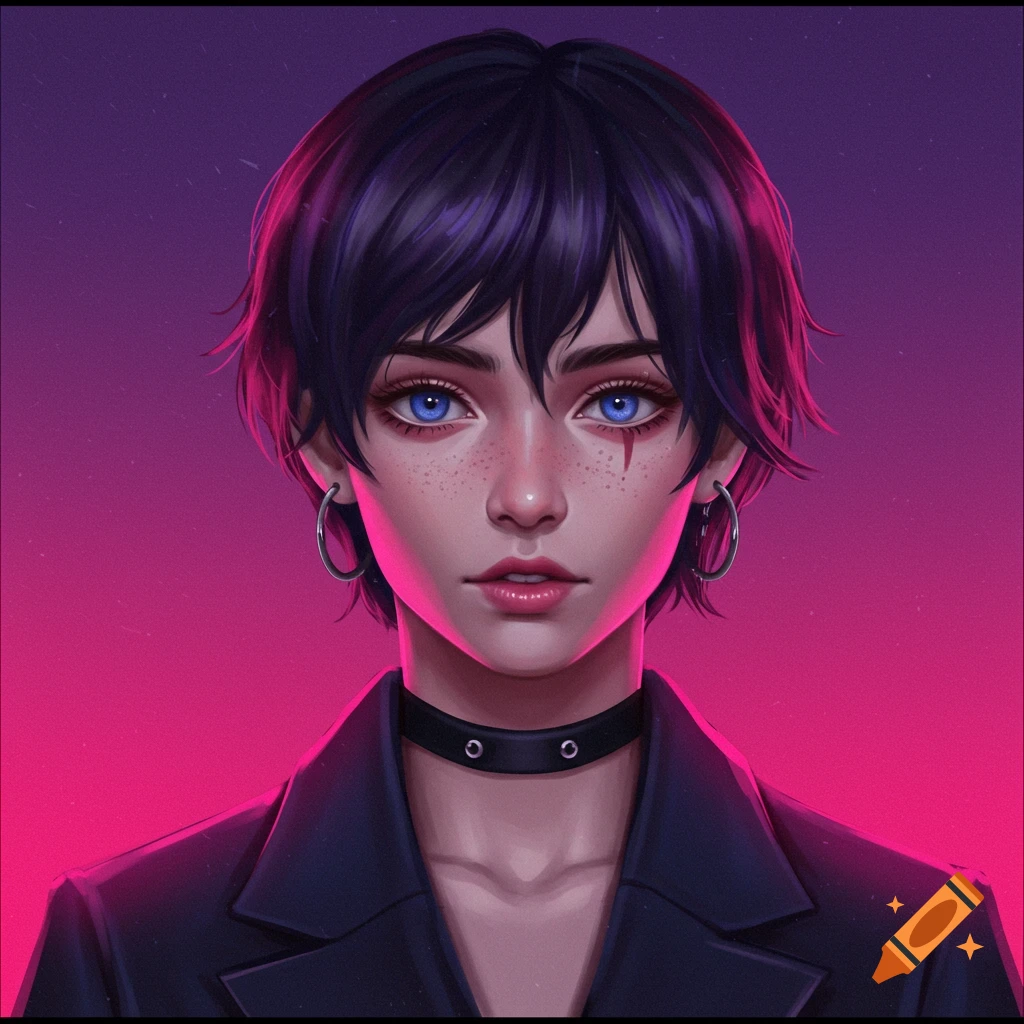 Portrait of a woman with short dark hair, blue eyes, freckles, wearing a choker and jacket against a pink and purple background.
