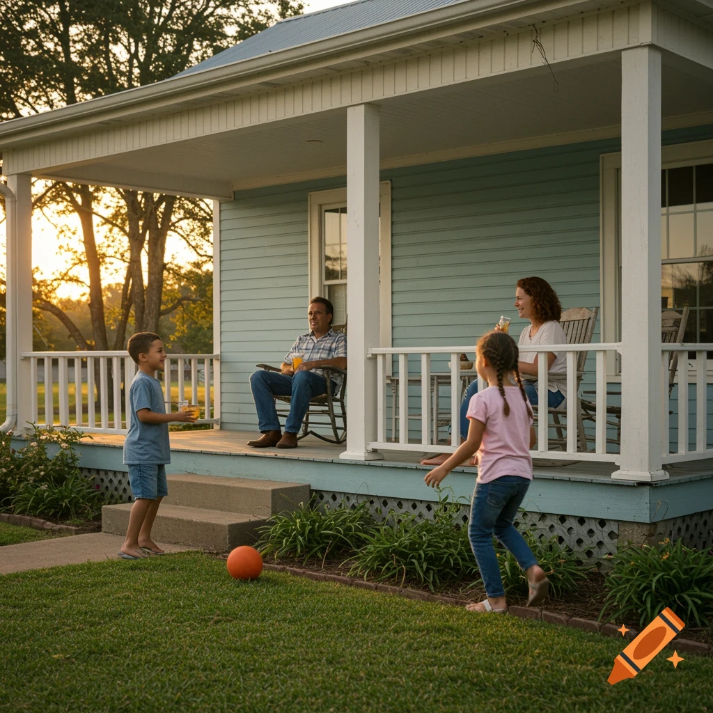 Family on a blue house porch watching children play ball at sunset