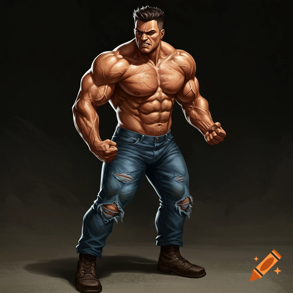 A man with a very muscular physique is wearing ripped jeans.