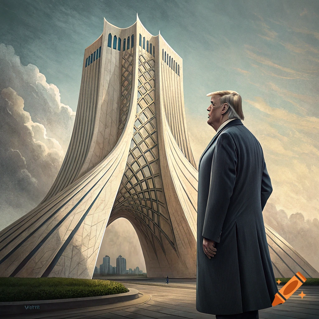 Donald Trump stands looking at the Azadi Tower in a stylized, realistic image.