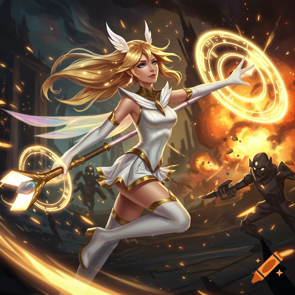 Lux casting a spell in a fantasy battle.