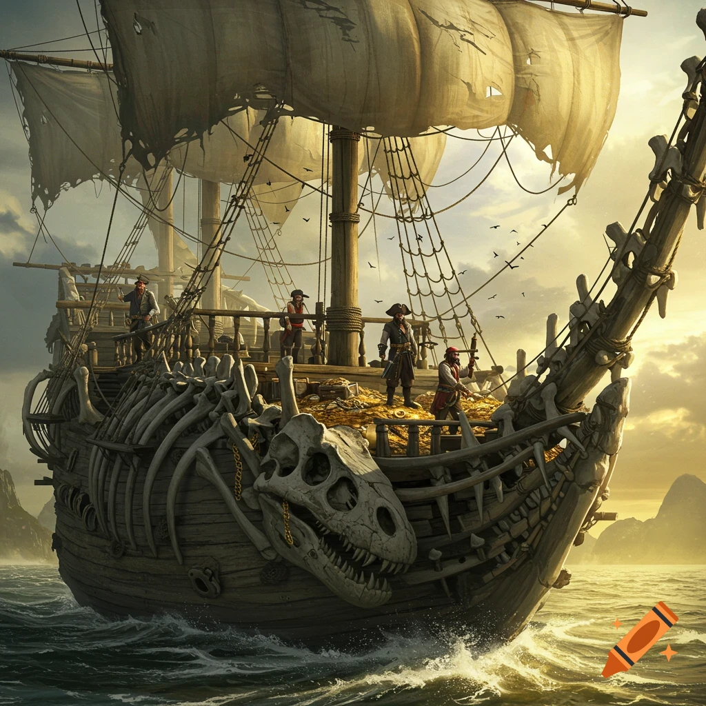 A pirate ship made of dinosaur bones sails on the sea with pirates on deck.