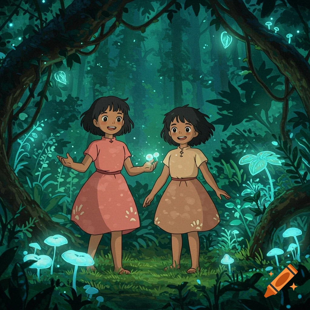 Two young girls stand in a glowing fantasy forest, Ghibli style.