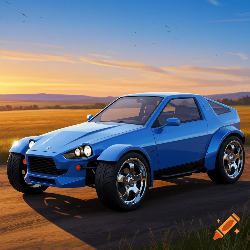 A blue futuristic sports car sits on a dirt road in a grassy field at sunset.