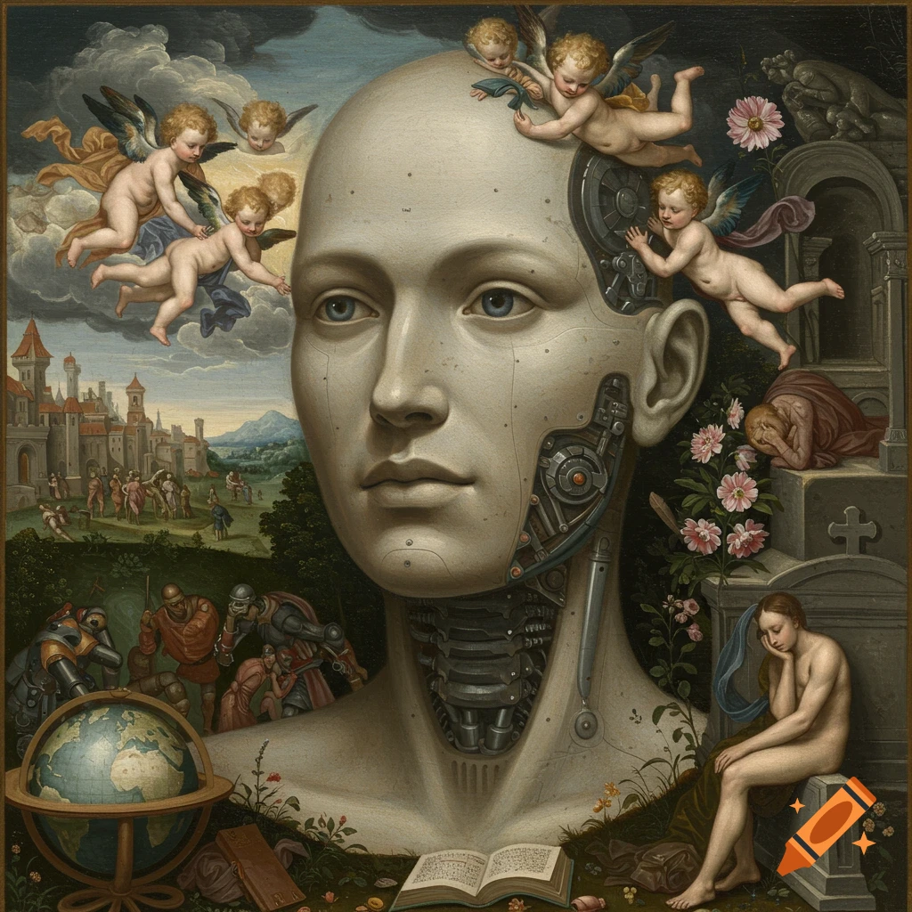 Renaissance painting of a surreal scene with a large head, half human and half robot, surrounded by cherubs, landscape, and figures.