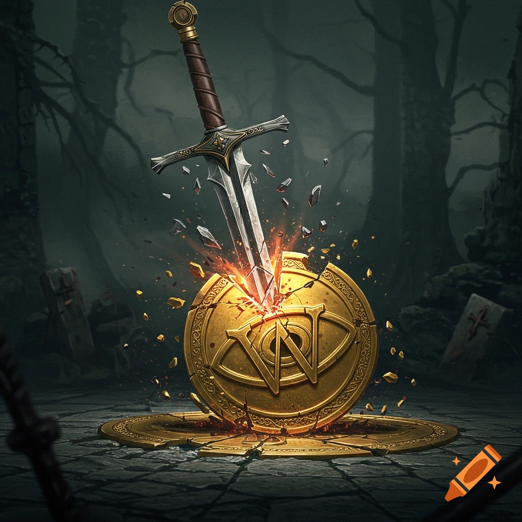 A sword breaks a gold medallion with an eye symbol in a dark forest.