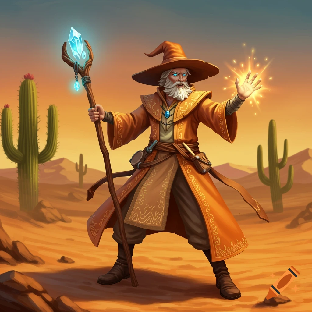 A wizard in a desert casting a spell.