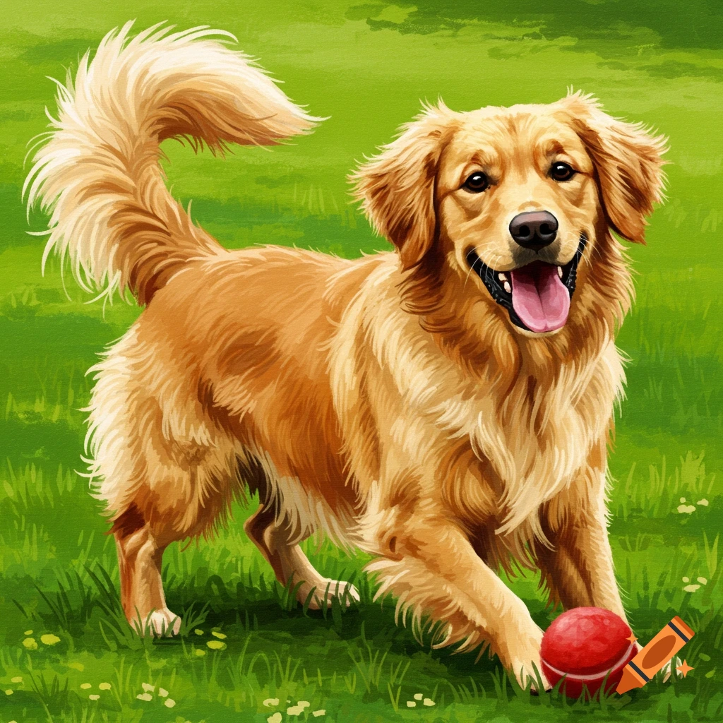 A Golden Retriever dog is playing with a red ball in the grass. on Craiyon
