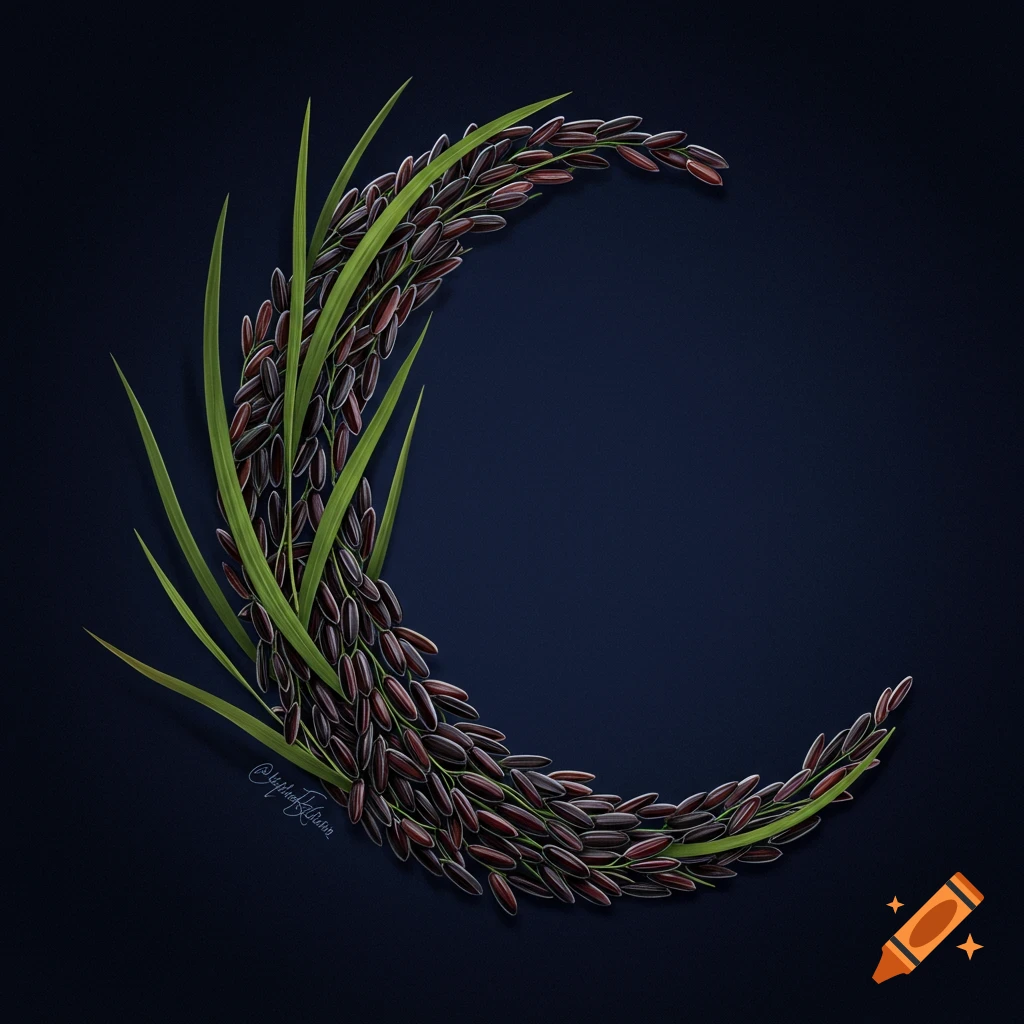 Black rice grains and green leaves are arranged in a crescent shape against a dark blue background.