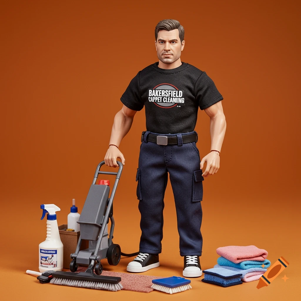 A photorealistic action figure of a male carpet cleaner holding a portable cleaning machine, with cleaning supplies around him, against an orange background.