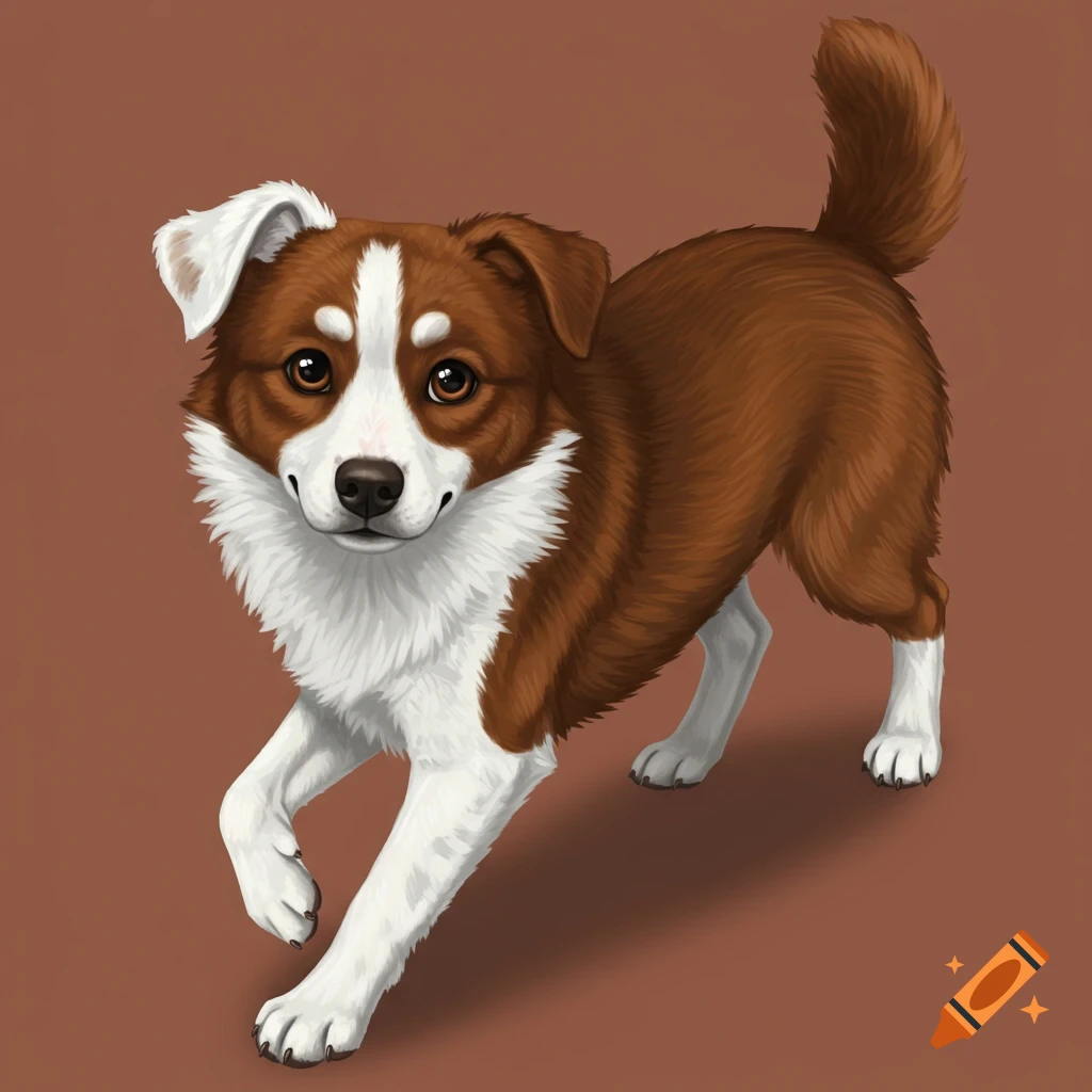 A brown and white dog stands on a brown background.