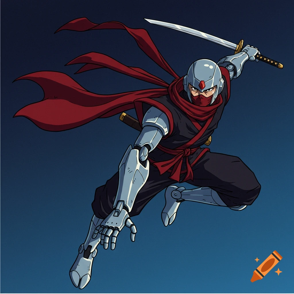 A robot ninja in a dynamic pose with a sword, depicted in a retro anime cel-shaded style.