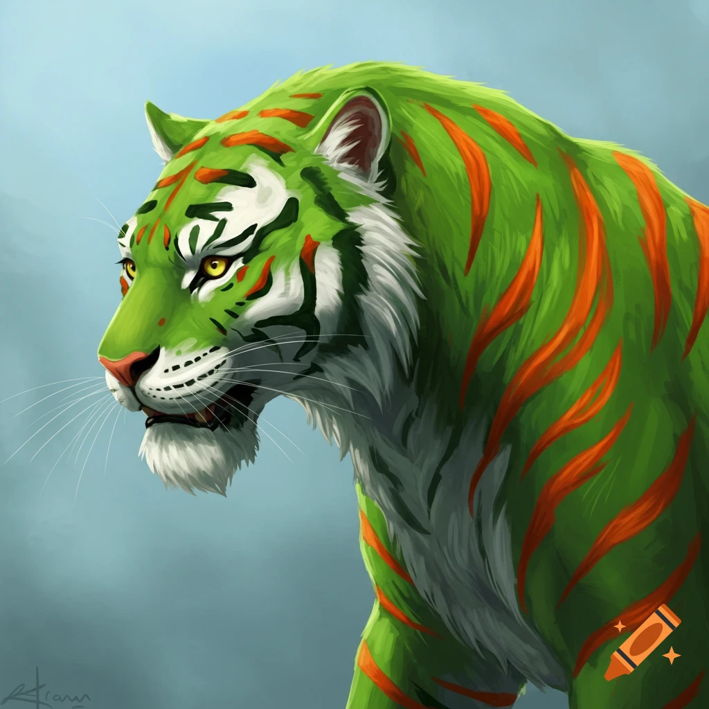 A green tiger with orange stripes, viewed from the side.