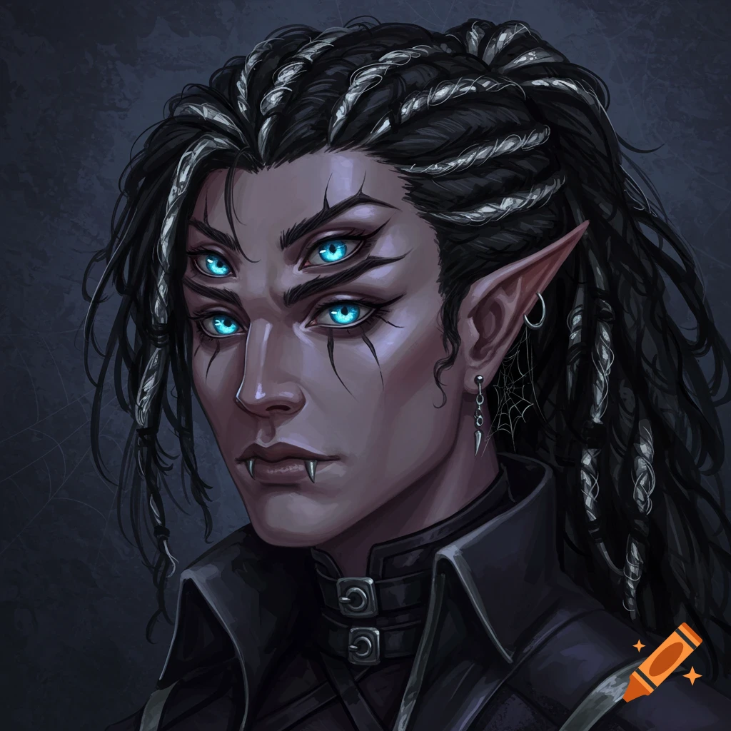 Portrait of a fantasy character with four glowing blue eyes, fangs, elf ears, and dreadlocks, wearing gothic clothing.