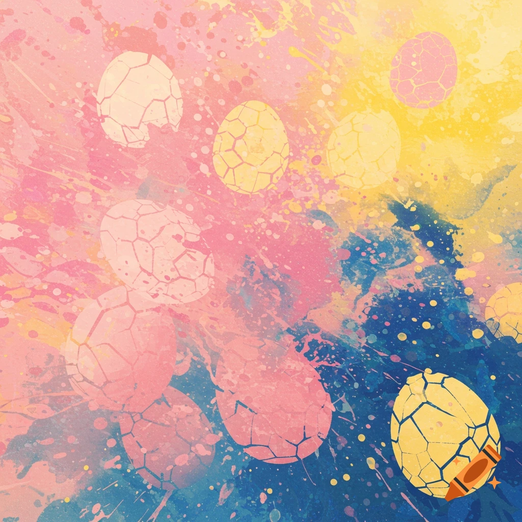 Abstract painting with colorful splatters in pink, yellow, and blue, featuring stylized, distorted Easter egg shapes.