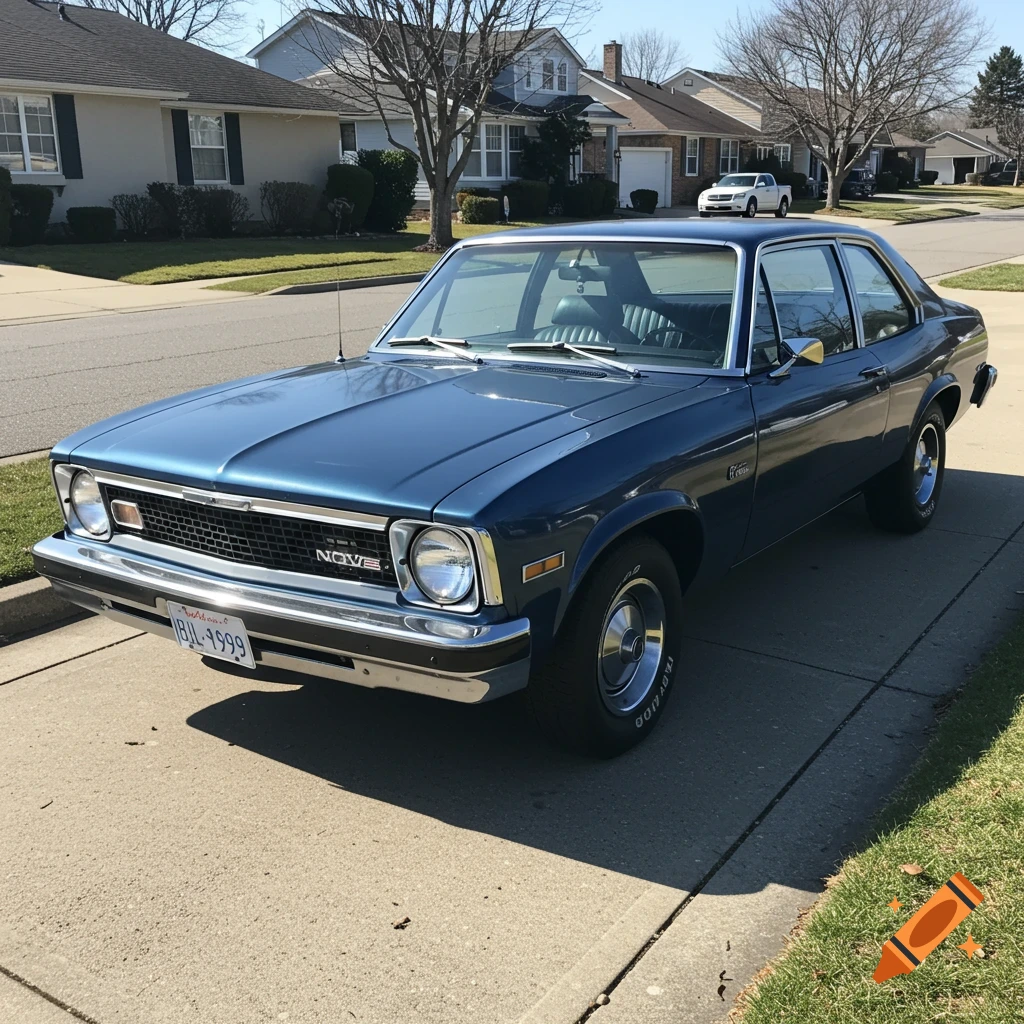 A blue classic Chevy Nova car parked on a driveway in a suburban neighborhood.