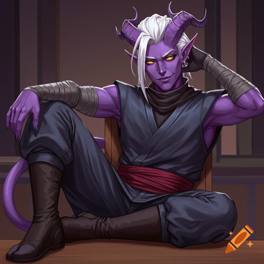 A male tiefling in ninja clothing sits cross-legged, looking at the viewer.