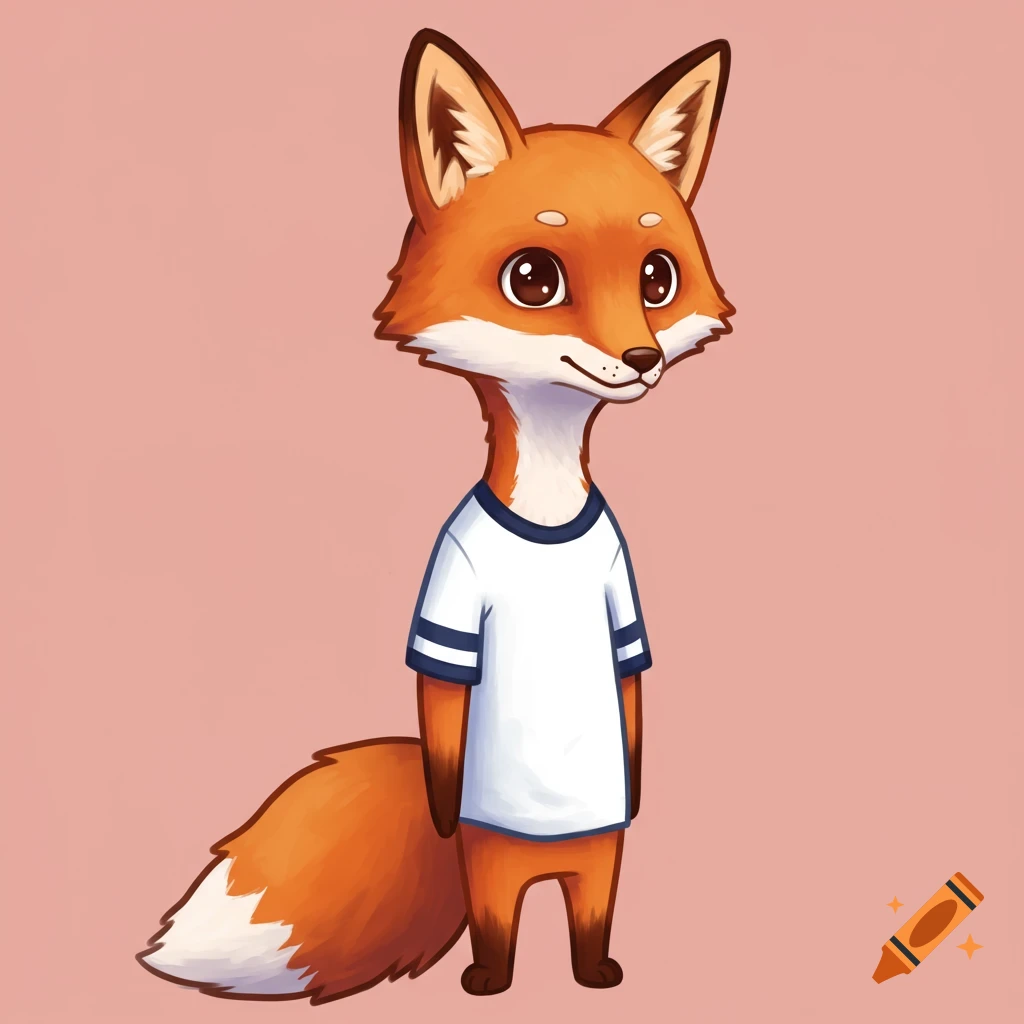A cute cartoon fox wearing a white t-shirt with blue trim
