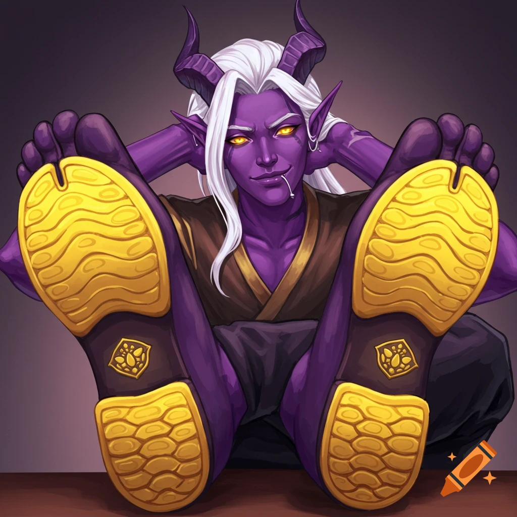 Purple tiefling with two-toed shoes on a desk.