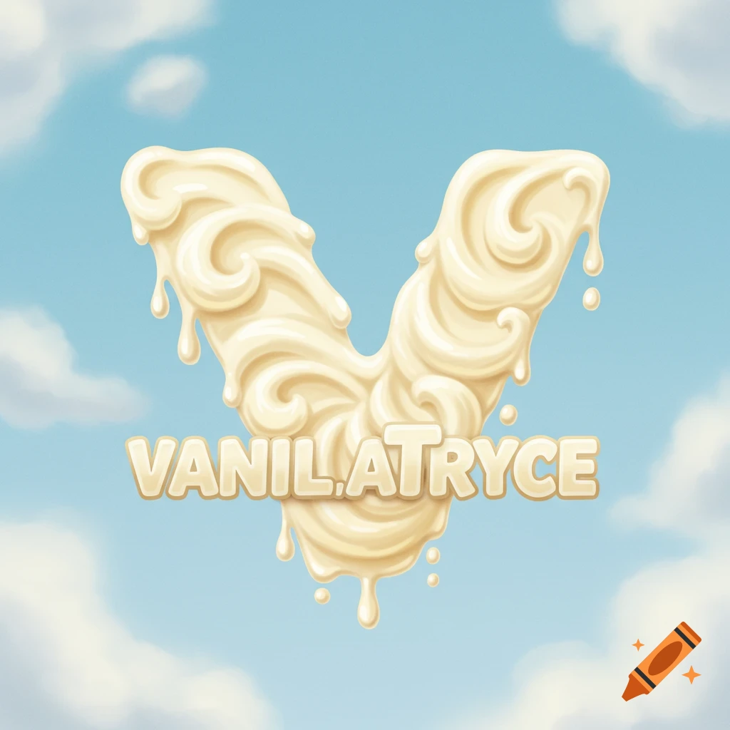 A V-shaped logo made of dripping vanilla cream with 'VANILATRYCE' text, against a cloudy sky.