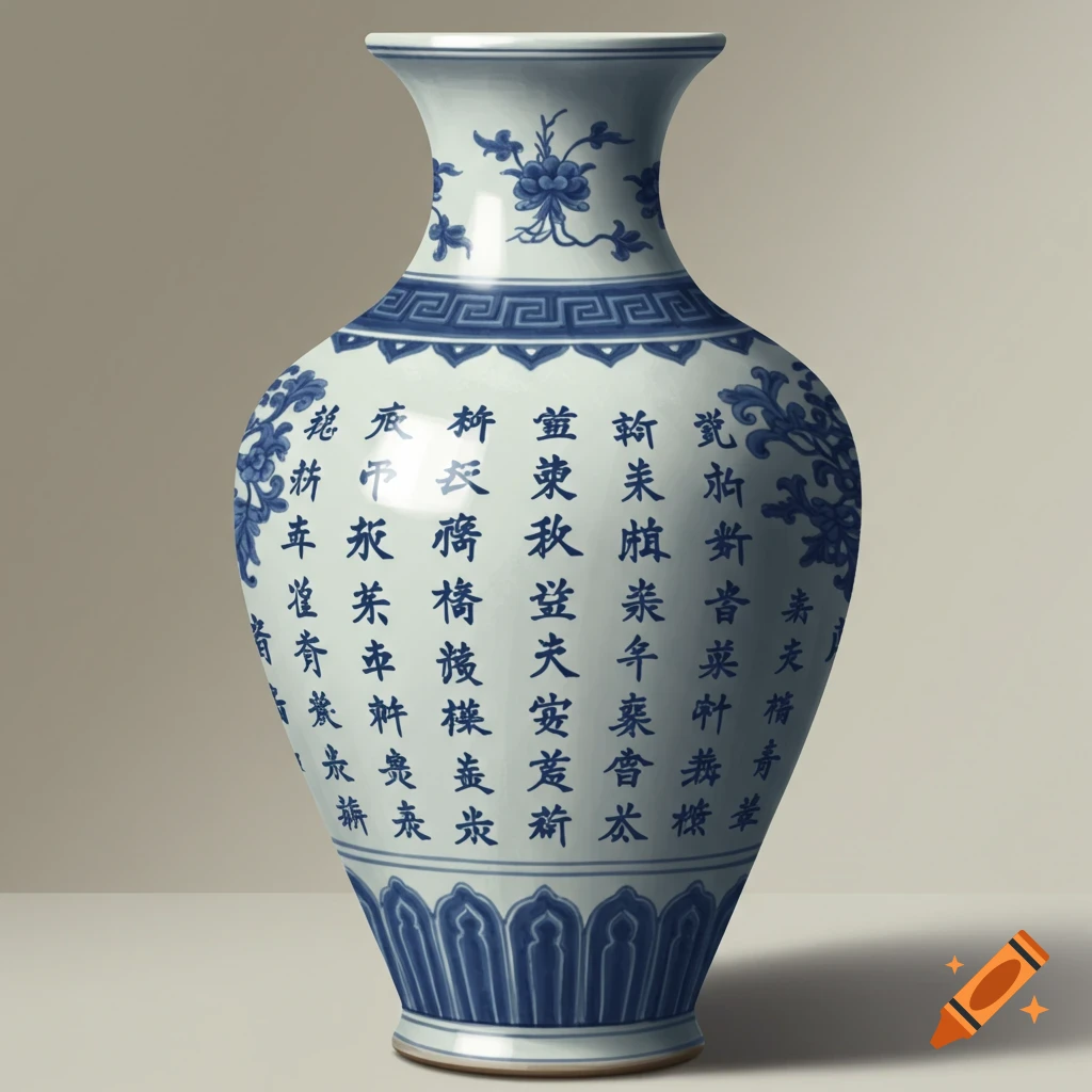 A blue and white porcelain vase with Chinese characters and floral designs.