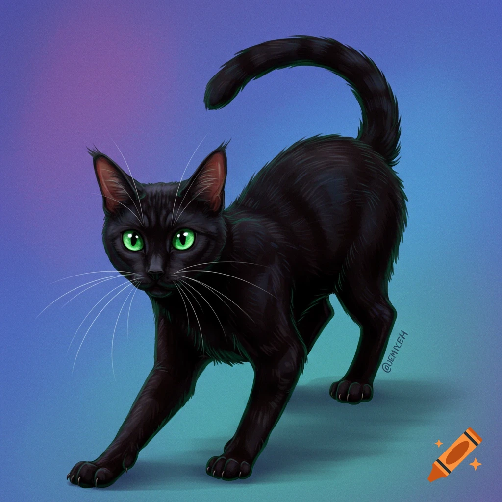 A black cat stretching with green eyes on a blue and purple background