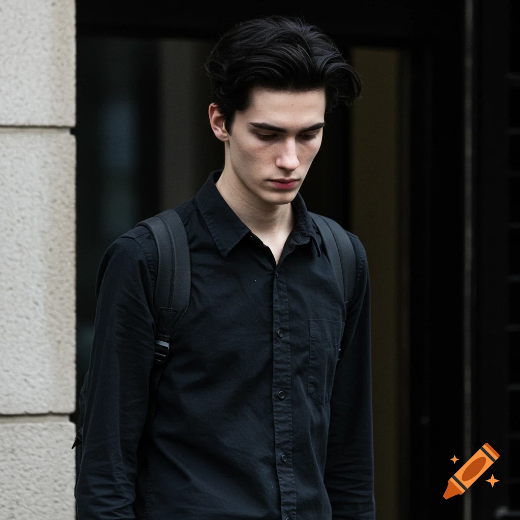 A young man with dark hair and a black shirt looks down while wearing a backpack.