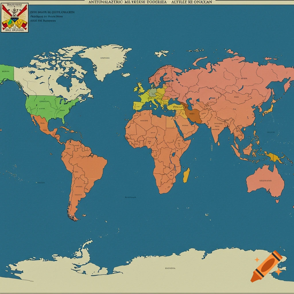 An alternate world map showing countries colored in different regions.