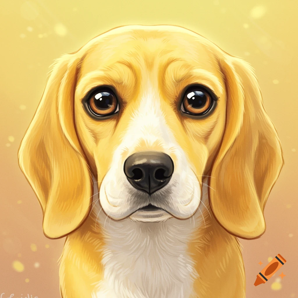 A lemon beagle with bright eyes in a whimsical style.
