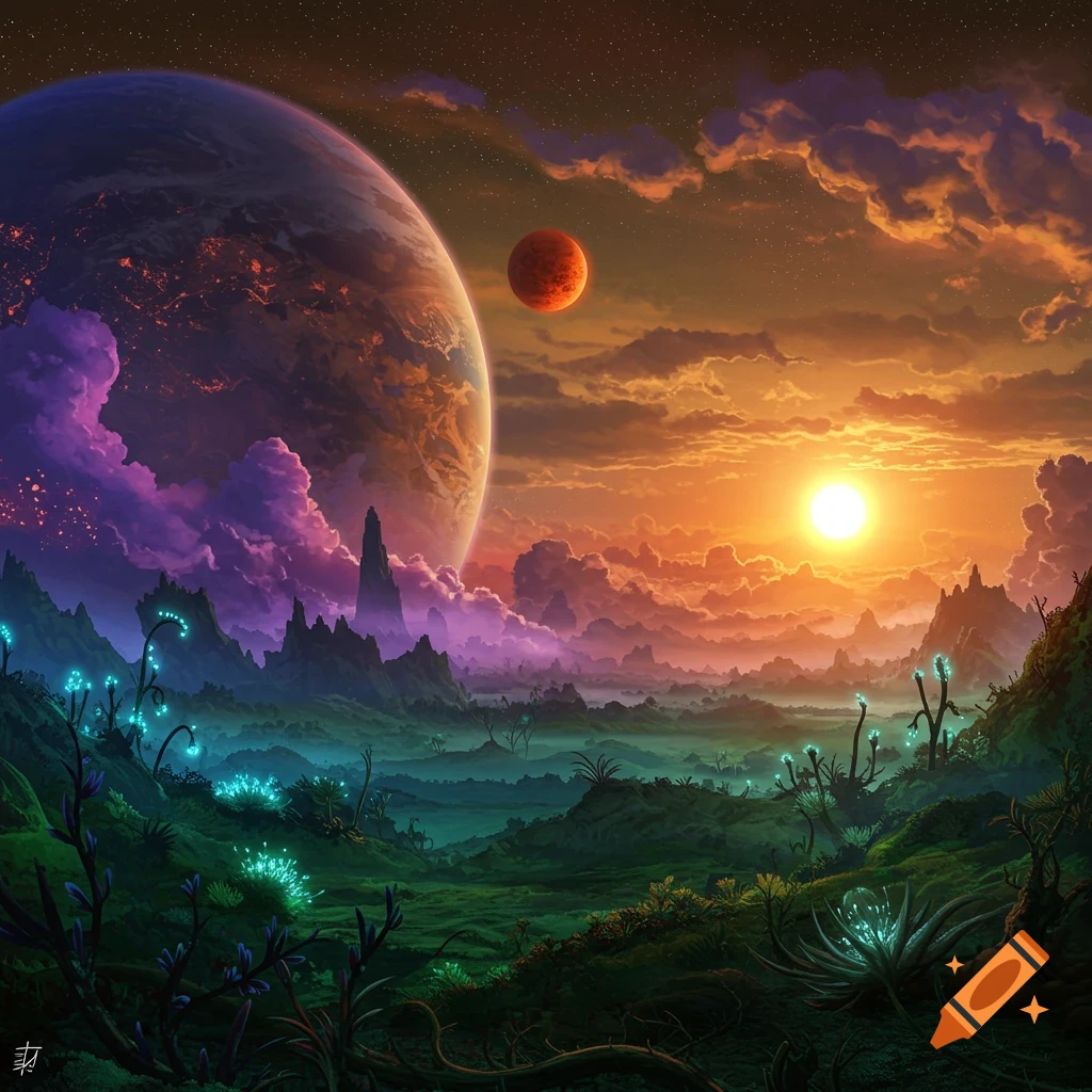 An alien landscape with a large planet, a smaller moon, and mountains under a sunset sky, featuring glowing blue alien plants.