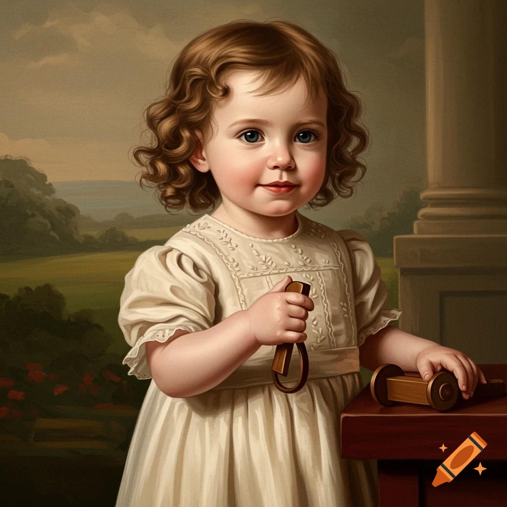 Victorian-style portrait painting of a young child with curly hair, holding a toy, against a pastoral landscape background.