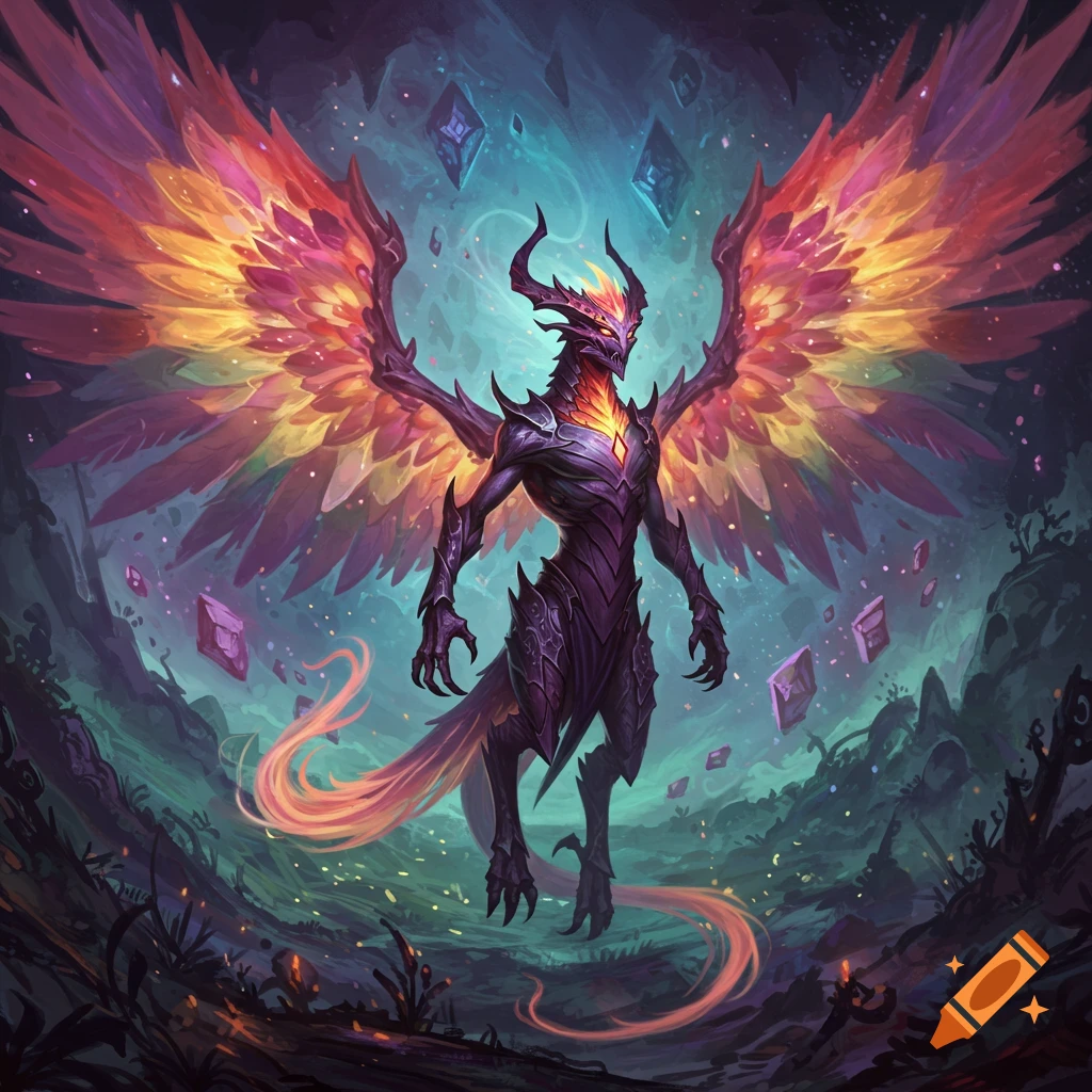 A winged fantasy creature standing in a mystical landscape with floating crystals.