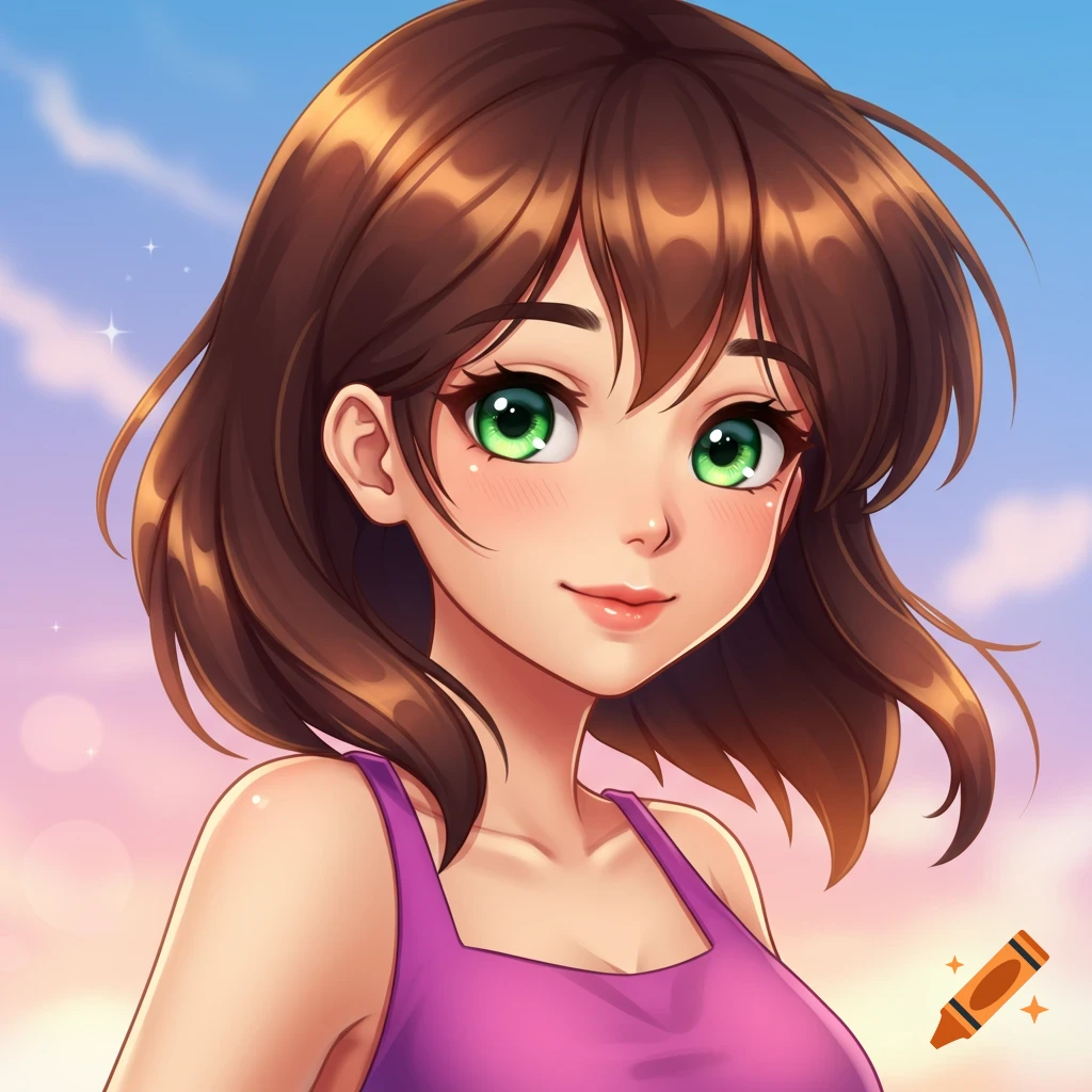 Anime portrait of a girl with brown hair, green eyes, and a purple tank top against a sky background.