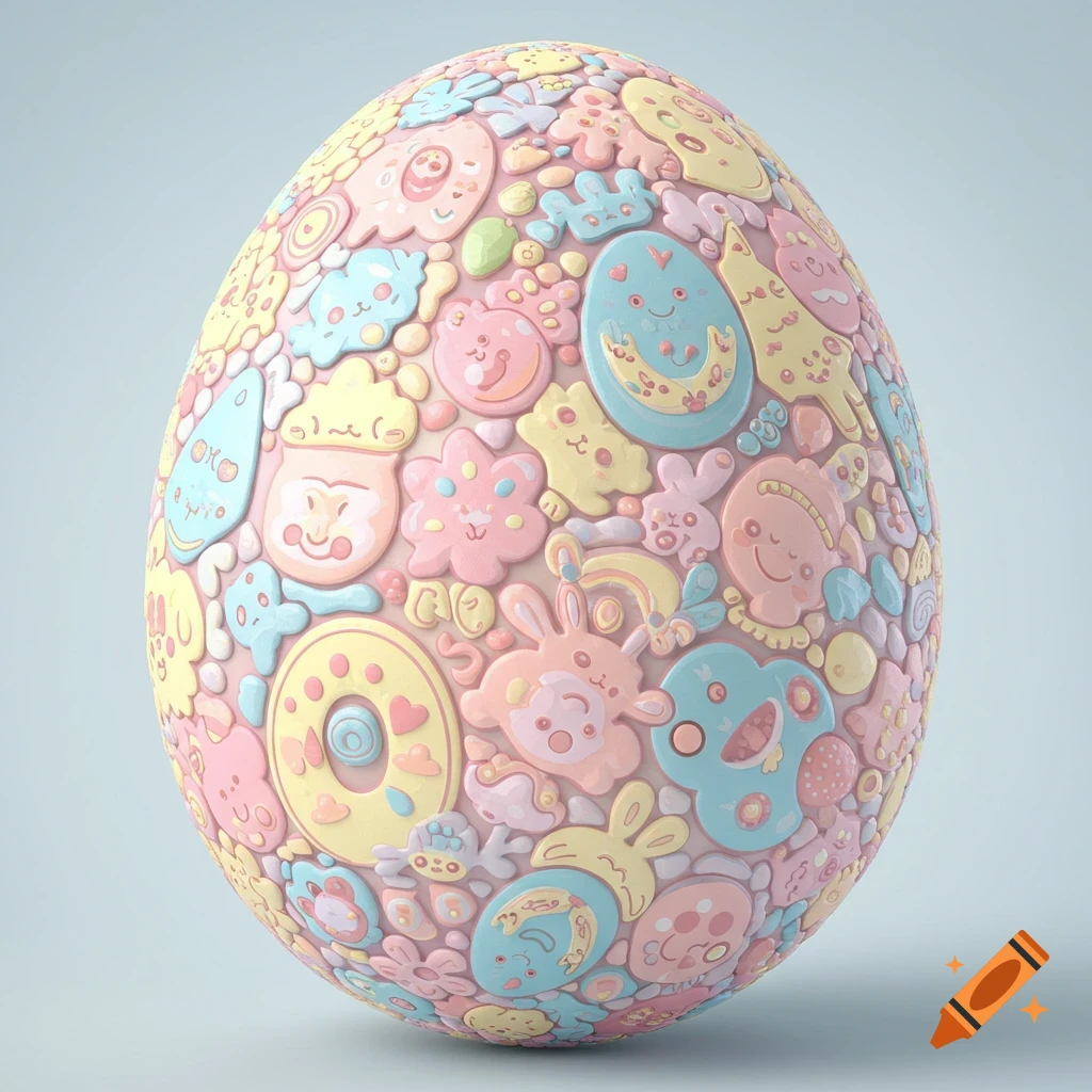 Easter egg covered in small, colorful, cute cartoon characters and shapes